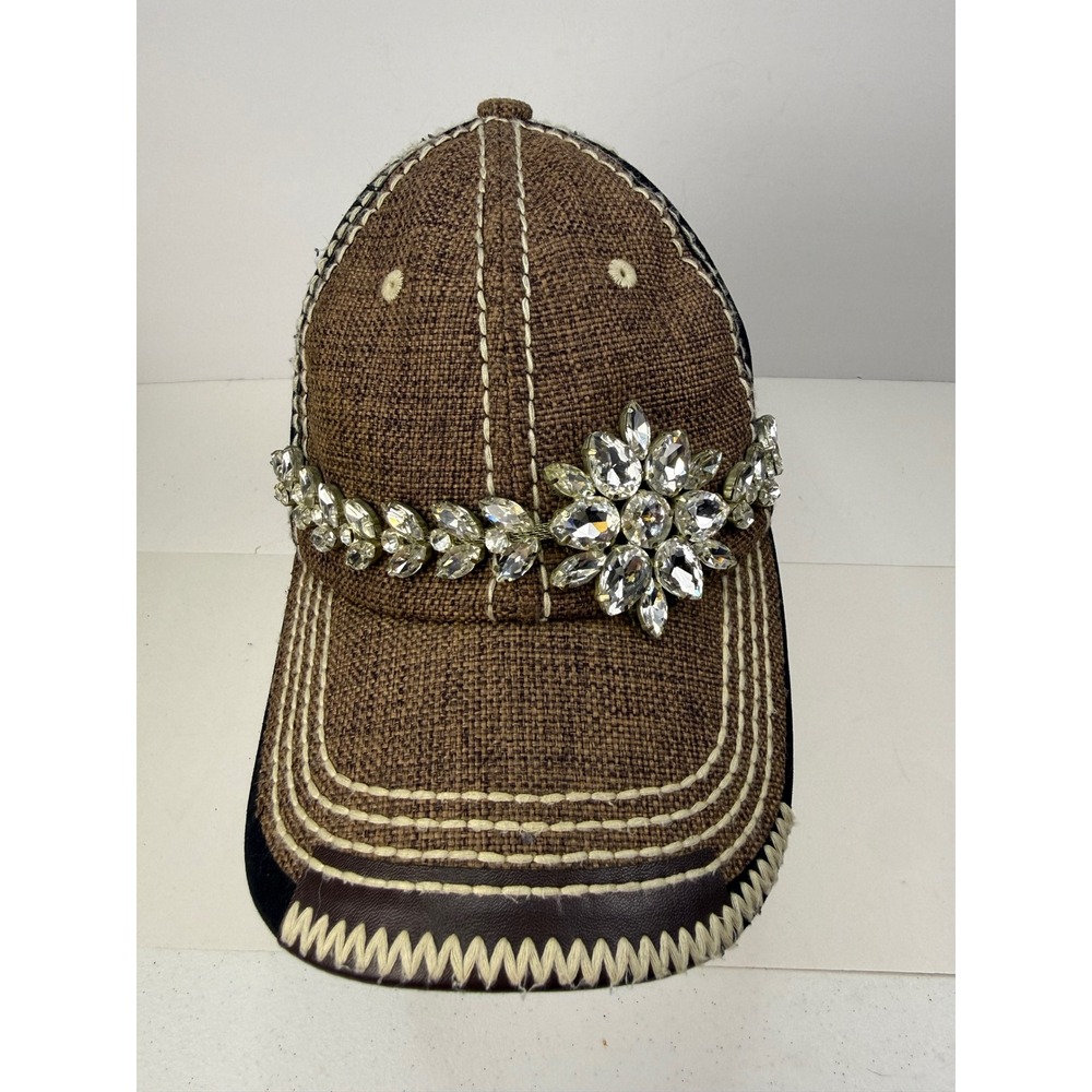 Olive & Pique Brown Burlap Black Rhinestone Crystal Jeweled Baseball Cap Hat